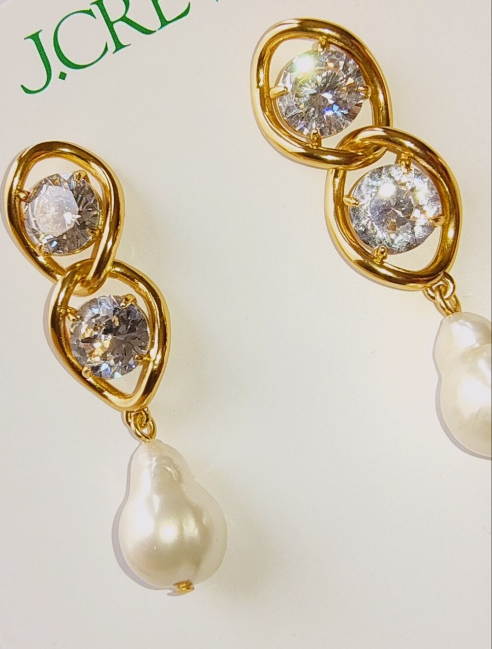 J.Crew Gold Crystal & Pearl Chain link Drop Earrings - Picture 8 of 9